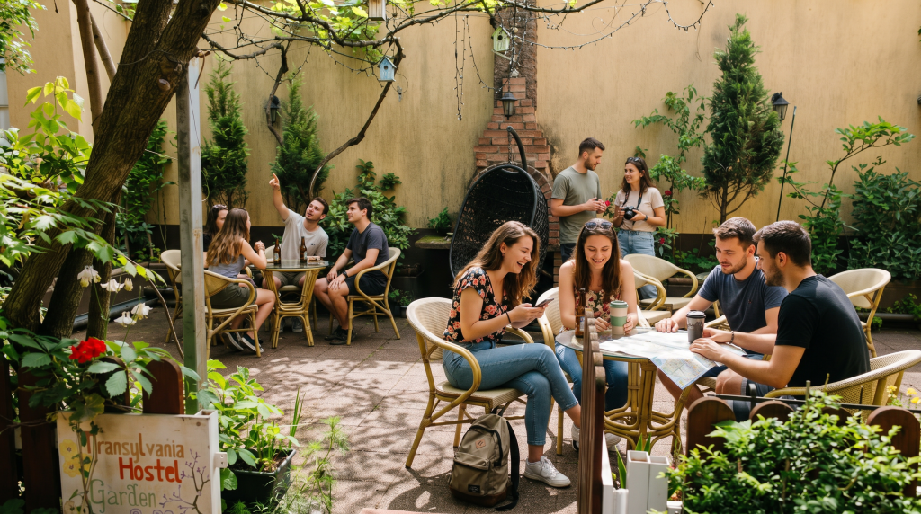 Guests relaxing in the garden at Transylvania Hostel