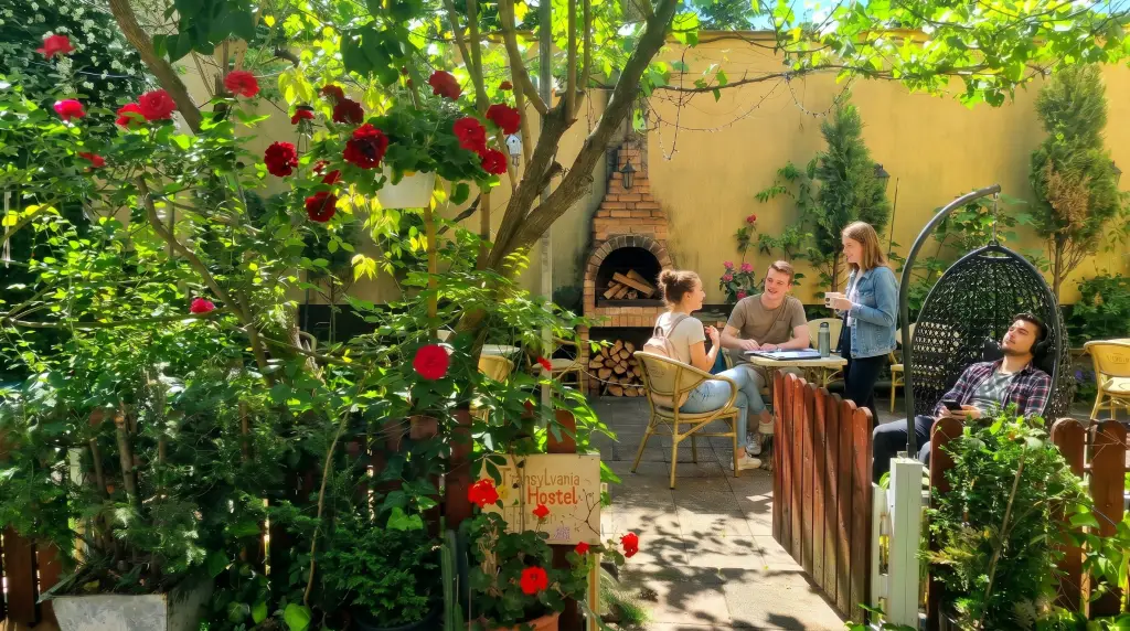 Garden and outdoor seating area at Transylvania Hostel in Cluj-Napoca