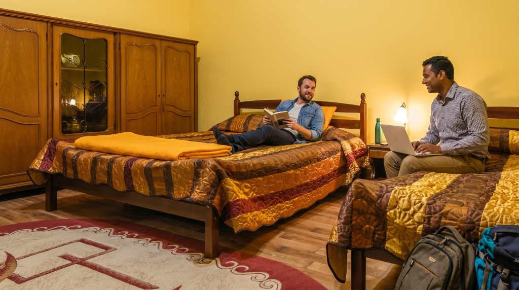 Two double beds in the Twin Room at Transylvania Hostel